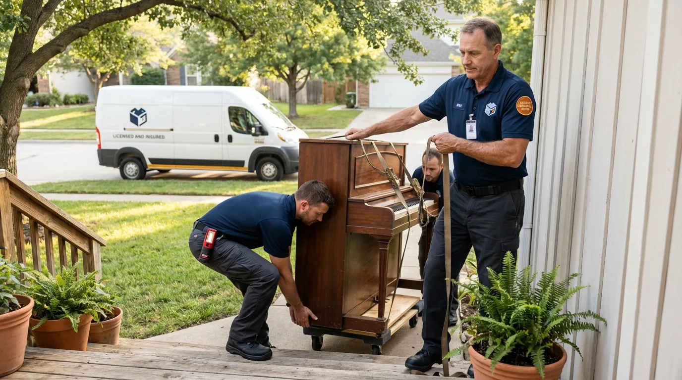Licensed piano movers securing grand piano in Fulton, KY