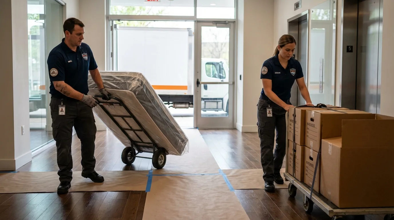 Professional apartment movers loading elevator in Fulton, KY